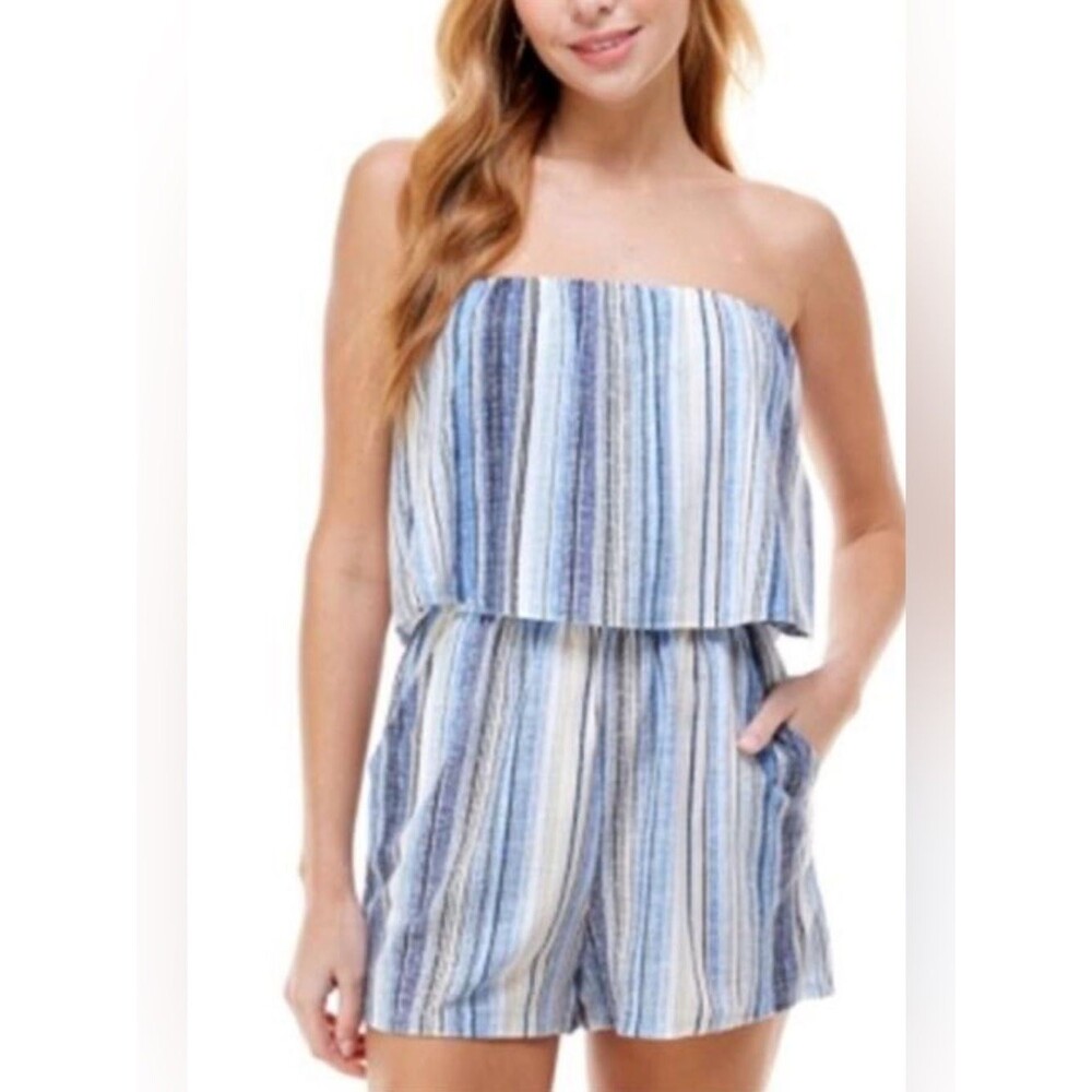 Bepop Striped Strapless Romper in Blue and White Pocket Elastic Waist Size S